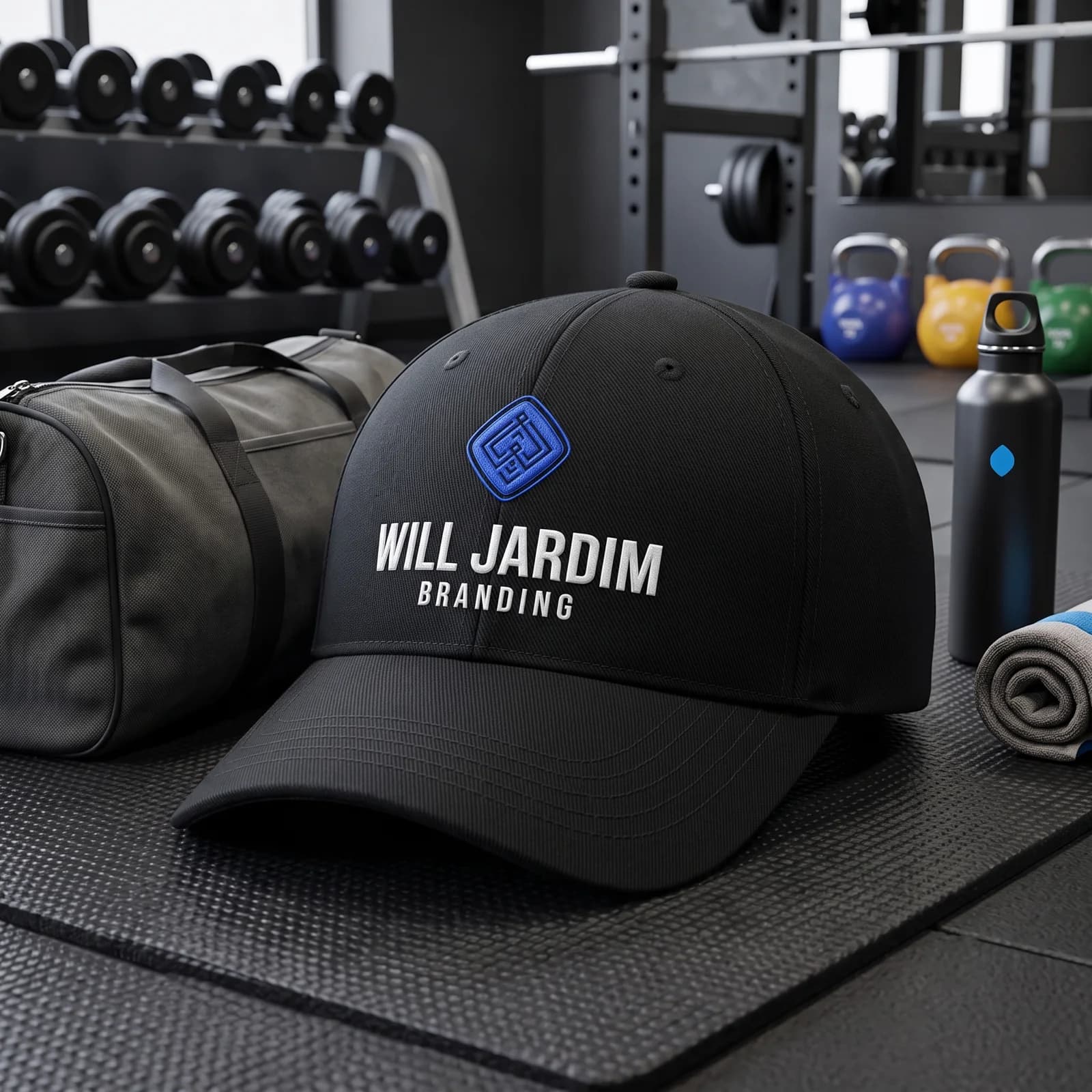 Boné preto Will Jardim com insígnia índigo bordada e wordmark branco, sobre tatame de academia com mochila e garrafa ao fundo