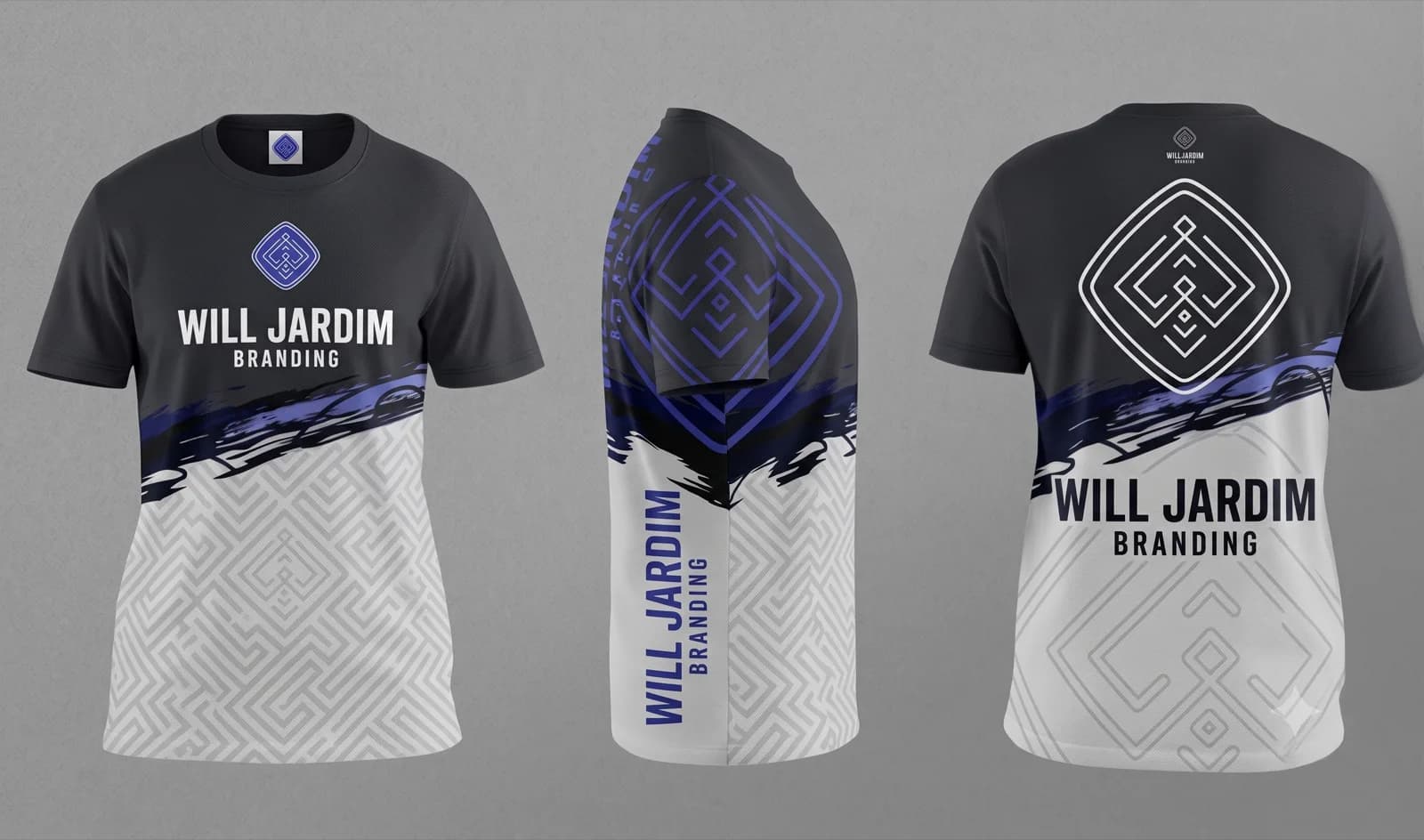 Camiseta esportiva Will Jardim em três vistas: frente com insígnia índigo e wordmark, lateral com grafismo da malha, costas com a insígnia grande em traço branco
