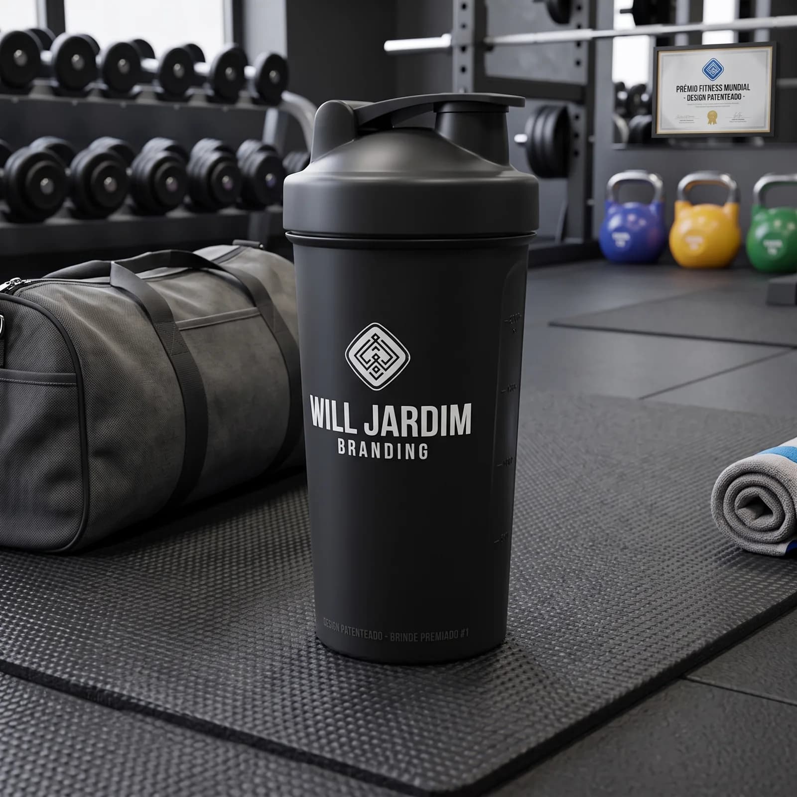 Coqueteleira preta fosca Will Jardim com insígnia e wordmark brancos, em academia com bolsa de treino e kettlebells ao fundo